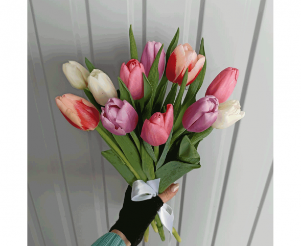 11 тюльпанов цвета микс, лента в Белогорске