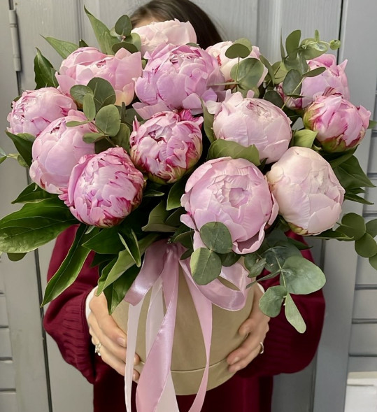 Пионы 13 шт. в шляпной коробке в Белогорске